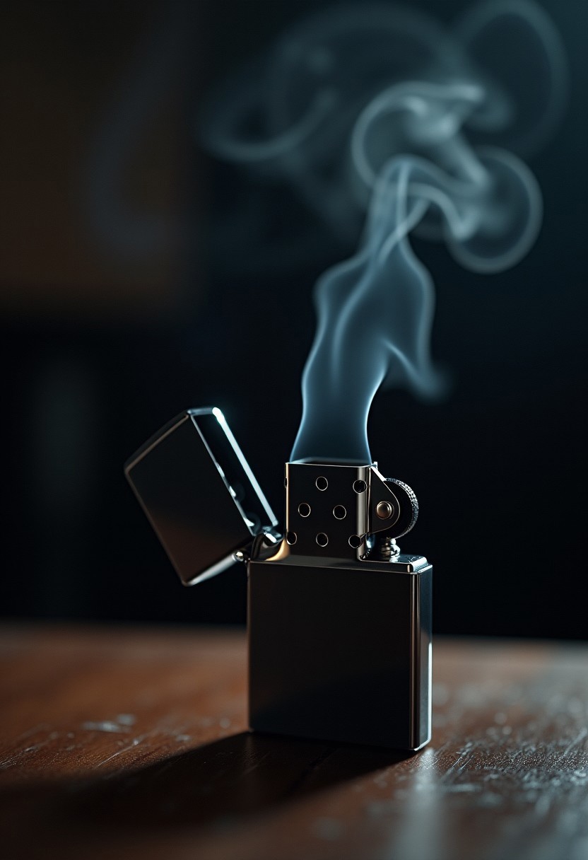 close-up shot of a Zippo lighter standing on a dark wooden table, dramatic low lighting, reflections on the metal surface, shallow depth of field, subtle smoke rising from the open lid, cinematic composition, ultra-photorealistic texture details, bokeh background --style photorealistic --ar 3:4 --v 5