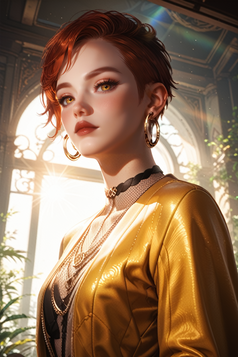 score_9, score_8_up, score_7_up,
<lora:CyberAurore:0.8>
CyberAurore, 1girl, red hair, short hair, yellow eyes, loop earrings, looking at viewer, from below, rim lighting, backlighting, lens flare