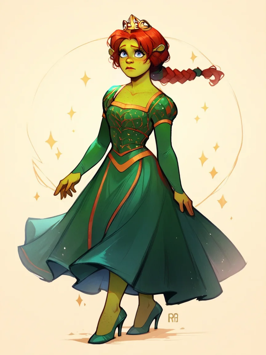 score_9, score_8_up, score_7_up, score_6_up, score_5_up,   <lora:FionaXLP:1> fiona, 1girl, red hair, braid, green dress, blue eyes, crown, full body, ogre, green skin, freckles, high heels,