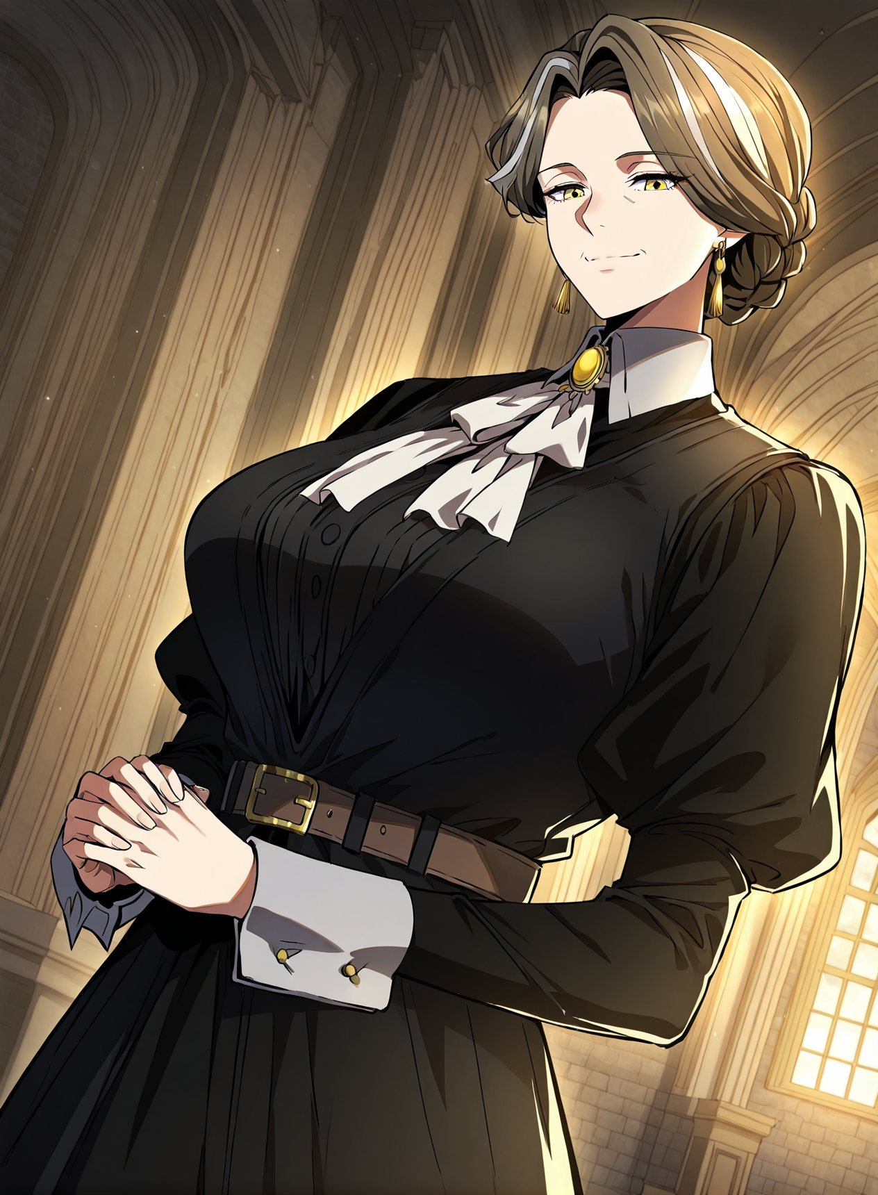 <lora:Wilbeck__The_Beginning_After_the_End__Illustrious:1>
Wilbeck, 1 girl, solo, mature woman, yellow eyes, brown medium hair, silver streaks, side-parted, braided updo,
black victorian dress, white cravat, wide cuffs, waist belt, gold earrings, formal outfit
score_9, score_8_up, score_7_up, very aesthetic, source_anime, detailed, high quality, beautiful, masterpiece, detailed eyes, castle room background, cowboy shot, dynamic angle, upper body, light smile, big breasts, dynamic pose, own hands together