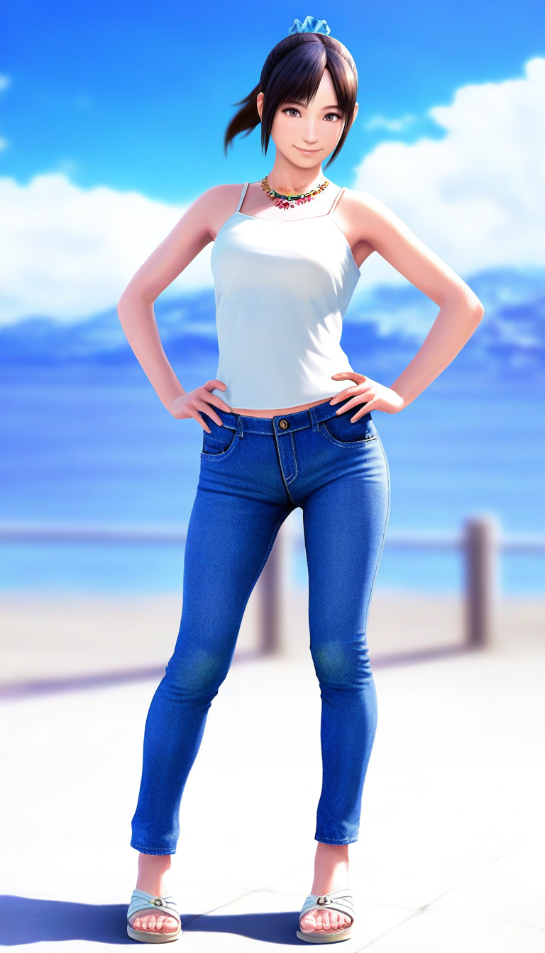 masterpiece,best quality,amazing quality,
<lora:miiyamotohikariNAI:1>,miiyamotohikari,realistic,
1girl,solo,black hair,bangs,ponytail,blue scrunchie,brown eyes,white camisole,jeans,necklace,
sandals,
standing,full body,smile,looking at viewer,hands on hips,
sea,blue sky,cloud,hill,
day,soft lighting,depth of field,