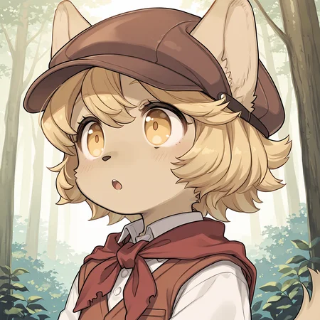 masterpiece, best quality, (absurdres), (highest quality), amazing quality, very aesthetic, no humans,
BREAK, <lora:Mei_Marzipan_Illustrious_V1:1>, mei marzipan, fuga: melodies of steel, kemono, furry female, 1girl, child, beige fur, blonde hair, yellow eyes, dog girl, animal ears, dog tail, dog ears,
BREAK, fuga 2 outfit, dress, red scarf, vest, hat,
BREAK, (solo), face focus, close-up, forest, :o, curious, looking away, side view