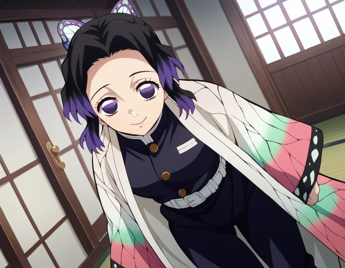 score_9, score_8_up, score_7_up, source_anime,
shinobukochou, <lora:shinobu-kochou-anime-ponyxl-lora-nochekaiser:1>,
shinobu kochou, animal print, black hair, butterfly, butterfly hair ornament, butterfly print, forehead, gradient hair, hair ornament, haori, multicolored hair, parted bangs, purple hair, short hair, two-tone hair,
belt, black pants, butterfly print, coat, demon slayer uniform, haori, japanese clothes, pants, uniform,
indoors, dojo, bent over, smile,
solo, dutch angle, looking at viewer, cowboy shot,