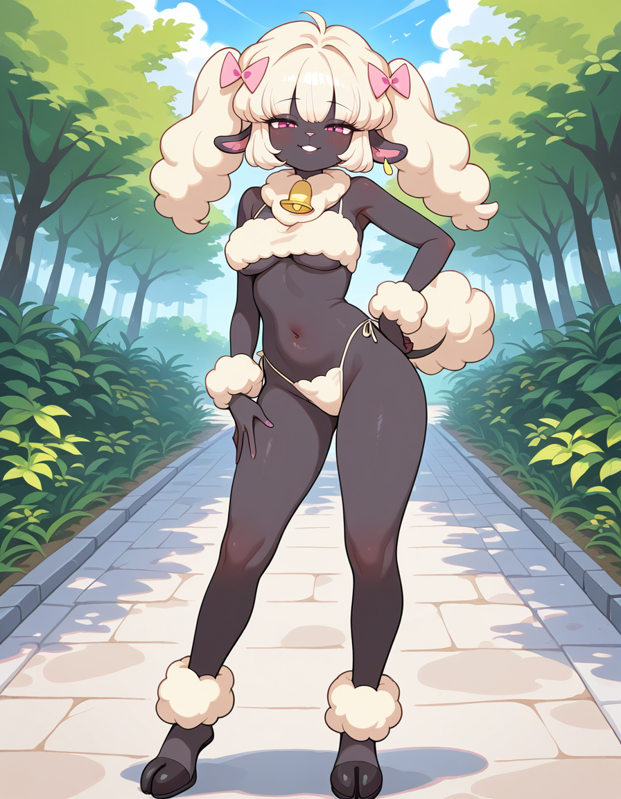 masterpiece, best quality, very aesthetic, absurdres,
outdoors,
full body, standing, posing,
seductive smile, parted lips, long eyelashes,
<lora:PoodleSheep_v01_NAIXL:1> P00dl3Sh33p,1girl, solo, furry, furry female, animal ears, long hair, bangs, hair bow, sheep ears, pink eyes, animal nose, neck bell, black skin, body fur, white fur, poodle tail, hooves,
