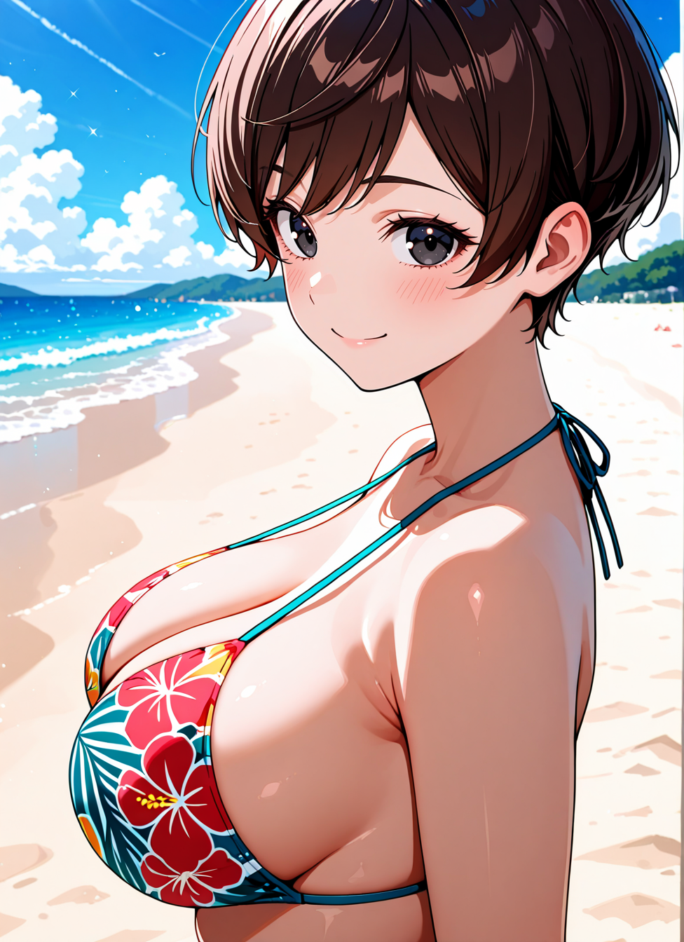 1 girl Fair-skinned, blush, brown pixie cut, wavy hair, black eyes, (large breast:0.8), upper body, standing, tropical pattern bikini, smile, from side, look at viewer, beach, daytime, in focus with blurred background, <BREAK> , masterpiece, best quality, absurdres, highres, very aesthetic, high quality, detailed, insanely detailed, beautiful, very awa, anime screencap