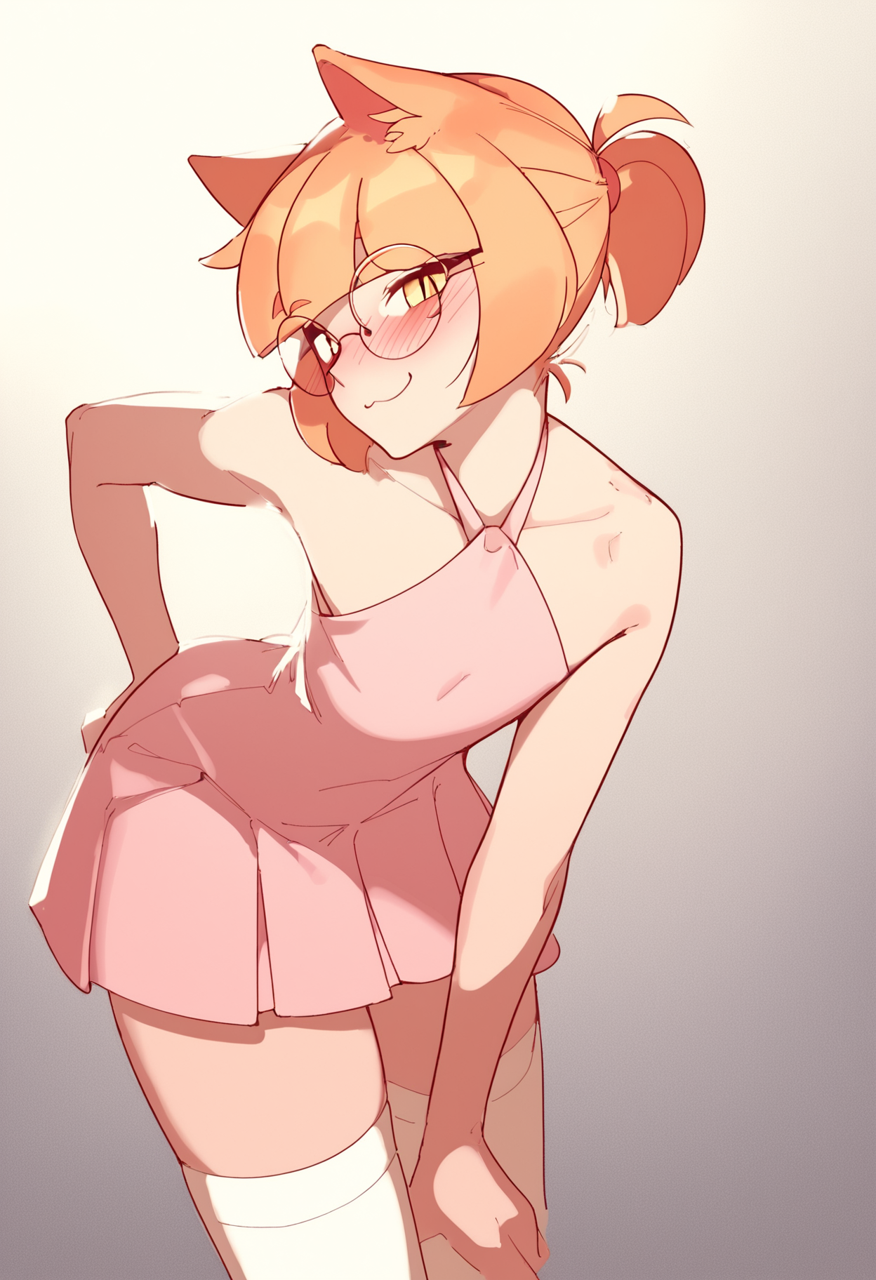 score_9, score_8_up, score_7_up,
1femboy, skinny, light orange cat ears, light orange (cat tail), short ponytail, air_ bangs, (light orange hair), yellow eyes, slit pupils, round glasses,
blush, squishy thighs, horny, shy, white stockings, Skimpy dress, mini dress, pleated skirt, neckhalter dress, pink dress, gradient dress,
cozy, looking at the viewer, smile, front view, hand on hip, finger on lips, looking at viewer, standing, leaning forward,
 <lora:Gaken_if-_Style:1>, gakenif.