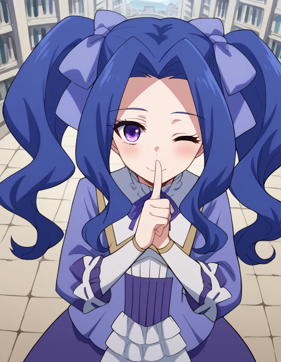score_9, score_8_up, score_7_up, source_anime, <lora:melty-q-melromarc-s1-ponyxl-lora-nochekaiser:1>, melty q melromarc, long hair, ribbon, twintails, blue hair, purple eyes, hair ribbon, purple ribbon, parted bangs,, long sleeves, dress, frills, ribbon trim, purple dress,, Man-made, architecture, structures, civilization, urban, , <lora:shushing-ponyxl-lora-nochekaiser:1>, shushing, finger to mouth, index finger raised, from above, library, smile, blush, one eye closed, dutch angle,, looking at viewer, solo,, dutch angle, cowboy shot
