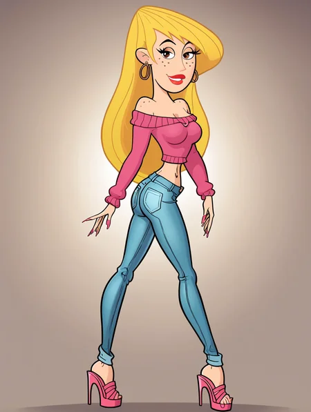 score_9, score_8_up, score_7_up, (toon \(style\):1),(flat colors:1),close up face, looking back, from behind,viewer,ultra high quality,ultra high resolution,ultra , seductive,(extremely detailed), detailed background,,(masterpiece, best quality, high quality, highres, ultra-detailed),full body,inside, bedroom in background, spotlight effects.,close up, cowboy shot,   dutch angle ,perfect eyes,perfect face,,narrow waist,perfect breasts,perfect eyes,perfect face,eager expression,earrings, looking back, from behind,
<lora:Veronica_Stoppable:0.9> veronica stoppable, toon (style), flat color, freckles, narrow waist,  brown eyes, long hair,  long eyelashes,  long hair, brown eyes, seductive smile, long eyelashes, medium breasts, wide hips, long legs, red lips, looking at viewer,blonde hair, Off-the-shoulder sweater , pastel pink sweater, ripped skinny jeans,high wiast jeans, fashionable platform sandals, oversized hoops,midriff,long nails,