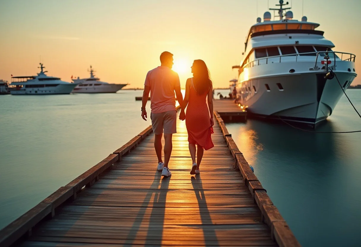 A pier illuminated by the setting sun. Subtle rays of light shimmer with warm tones, highlighting the beauty of the embankment. Loving couple walk along the pier towards a yacht.
Realistic photo, Calm and romantic.
Boats in the background.
Cool blue color with shades of green from the water.
Wide angle shot, long exposure to capture reflections.