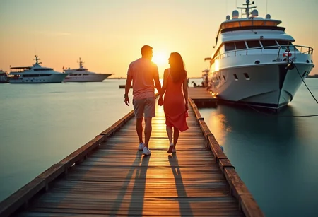 A pier illuminated by the setting sun. Subtle rays of light shimmer with warm tones, highlighting the beauty of the embankment. Loving couple walk along the pier towards a yacht.
Realistic photo, Calm and romantic.
Boats in the background.
Cool blue color with shades of green from the water.
Wide angle shot, long exposure to capture reflections.