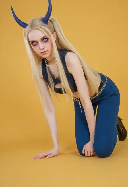 1girl, blonde hair, chain collar, forehead mark, forehead, long hair, navel, pointy ears, oni, oni horns, ponytail, slit pupils, solo, very long hair, wide-eyed, yellow eyes, looking at viewer, yellow background, tight pants, blue pants, on one knee, Kneeling,
BREAK,masterpiece, best quality,score_7_up,score_8_up,score_9, score_5_up,score_6_up,