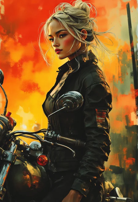 mwv7_alpha_v01, ArsMJStyle, Expressive Watercolor Ink Wash, young Asian woman wearing a motorcycle helmet, long loose platinum hair, sitting on a large powerful motorcycle, leather jacket, sunset, in orange hues