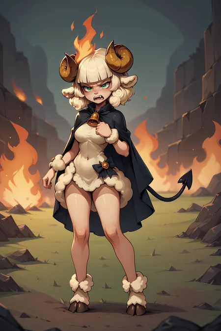 score_9, score_8_up, score_7_up, BREAK 1girl, solo,  <lora:NSWeresheepMGE:1> NSWeresheepMGE, green eyes, medium hair, blunt bangs, sheep horns, sheep ears, cloak, fangs, angry, demon horns, demon tail, fire, hell, hooves