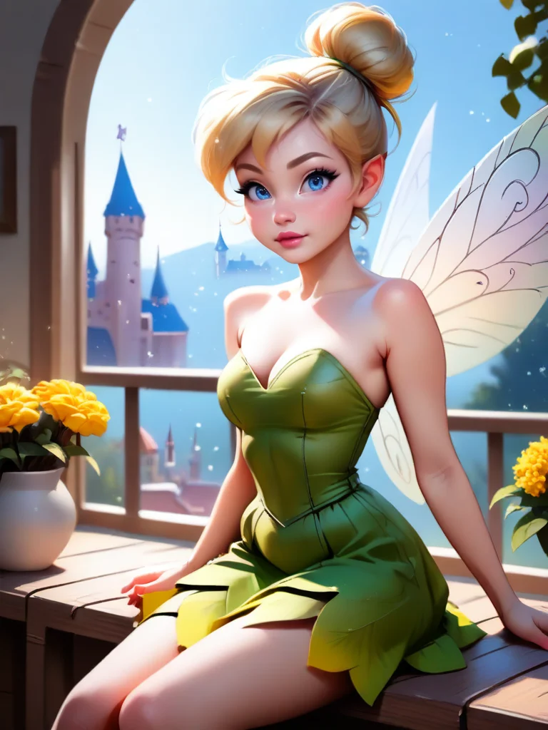 highres, hi res, best quality, masterpiece, intricate details, absurdres, 4k, realistic, realism,
1girl, She is inside a glass bottle, she is sitting looking tenderly, arms together in a cute way, solo focus, a lot of flowers, castle, magic particles, pastel colors, perfect composition, dynamic shot, Animated Films, often for animated characters, creative visuals, or family-friendly entertainment, cowboy_shot,
<lora:TinkerExtra_character:0.8>,TinkerWaifu, fairy wings, blonde hair, blue eyes, green dress, sexy, single hair bun, strapless,