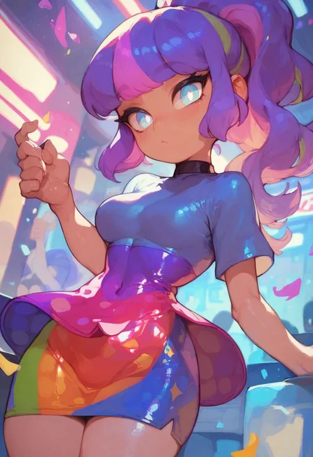 score_9, score_8_up, score_7_up, best quality, highest score, 1girl, looking at viewer, bodycon dress, in nightclub, shiny skin, maho, white pupils, multicolored purple hair, ponytail,