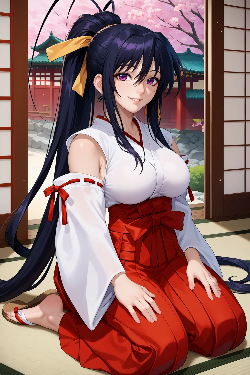score_9, score_8_up, score_7_up, score_6_up, source_anime, 1girl, solo, <lora:akenohimejima-pdxl-nvwls-v1-000005:1> dxdAH, black hair, ponytail, very long hair, purple eyes, hair ribbon, white kimono, red hakama, hakama skirt, detached sleeves, long sleeves, big breasts, kneeling, sandals, looking at you, japanese architecture, indoors, smile, seiza