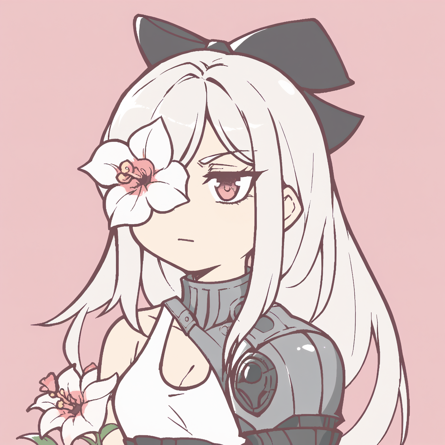 score_9, score_8_up, score_7_up,  1girl, RythZeroPony, standing, upper body, bow dress, black bow, hair ribbon, prosthetic arm, flower over eye, pink background, <lora:ZeroDrakengardPony-103:1>,   <lora:Ikiyouz-PonyXL-1024px:1>