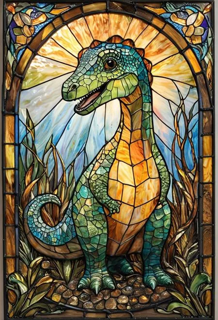 Dinosaur,little foot,baby Apatosaurus ,long neck,Highly detailed and whimsical,hyperrealistic, ArsMJStyle, Stained Glass