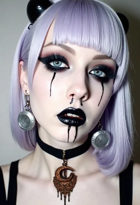 Close-up portrait of a young woman, pale complexion, possibly early 20s, wearing goth-inspired makeup and accessories. Her hair is a pale lavender, straight with blunt bangs, styled with small, shiny black horns. Dramatic eye makeup includes exaggerated black eyeliner, and dark, black sclera contacts create an intense gaze. Her lips are painted black with streams extending downwards, giving a dripping effect. She has a septum piercing and wears large, geometric silver earrings. Her black choker necklace features an ornate, copper-hued crescent pendant. Her outfit is partially visible, showing black straps over her shoulders. Neutral background with soft lighting, slight vignette effect, medium close-up, high contrast, sharp focus on the face., 
