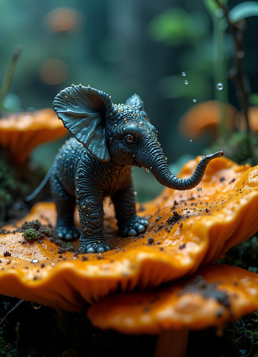 Surrealistic macro photography of a miniature elephant, no larger than a fingertip, delicately traversing a vibrant orange mushroom in a mystical forest setting. The elephant's skin is a deep azure, textured with intricate wrinkles and adorned with countless water droplets that catch the light like tiny crystals. Its trunk is elongated and curled slightly, exploring the mushroom's surface with curiosity. The creature's ears are exaggerated and fan-like, semi-transparent and veined like delicate leaves. Its eyes, disproportionately large, reflect an otherworldly intelligence. Impossibly fine eyelashes frame each eye, each lash bearing a perfect sphere of water. The elephant's feet are dainty and precise, leaving microscopic footprints on the mushroom's gills.
The surrounding environment is a dreamscape of oversized fungi in warm orange hues. Water droplets hover in the air, defying gravity, creating a magical atmosphere. The lighting is dramatic, with a soft glow emanating from the mushrooms, casting an ethereal backlight on the elephant. The depth of field is shallow, focusing sharply on the elephant while gently blurring the background into a tapestry of bioluminescent blues and teals. Every detail is captured in hyper-realistic clarity, from the individual particles of soil to the delicate spores floating in the air, creating a captivating blend of fantasy and photorealistic precision.
The surrounding environment is a dreamscape of oversized fungi in warm orange hues, contrasting sharply with the cool blue tones of the elephant and the misty background. Water droplets hover in the air, defying gravity, creating a magical atmosphere. The lighting is dramatic, with a soft glow emanating from the mushrooms, casting an ethereal backlight on the elephant. The depth of field is shallow, focusing sharply on the elephant while gently blurring the background into a tapestry of bioluminescent blues and teals. Every detail is captured in hyper-realistic clarity, from the individual particles of soil to the delicate spores floating in the air, creating a captivating blend of fantasy and photorealistic precision.