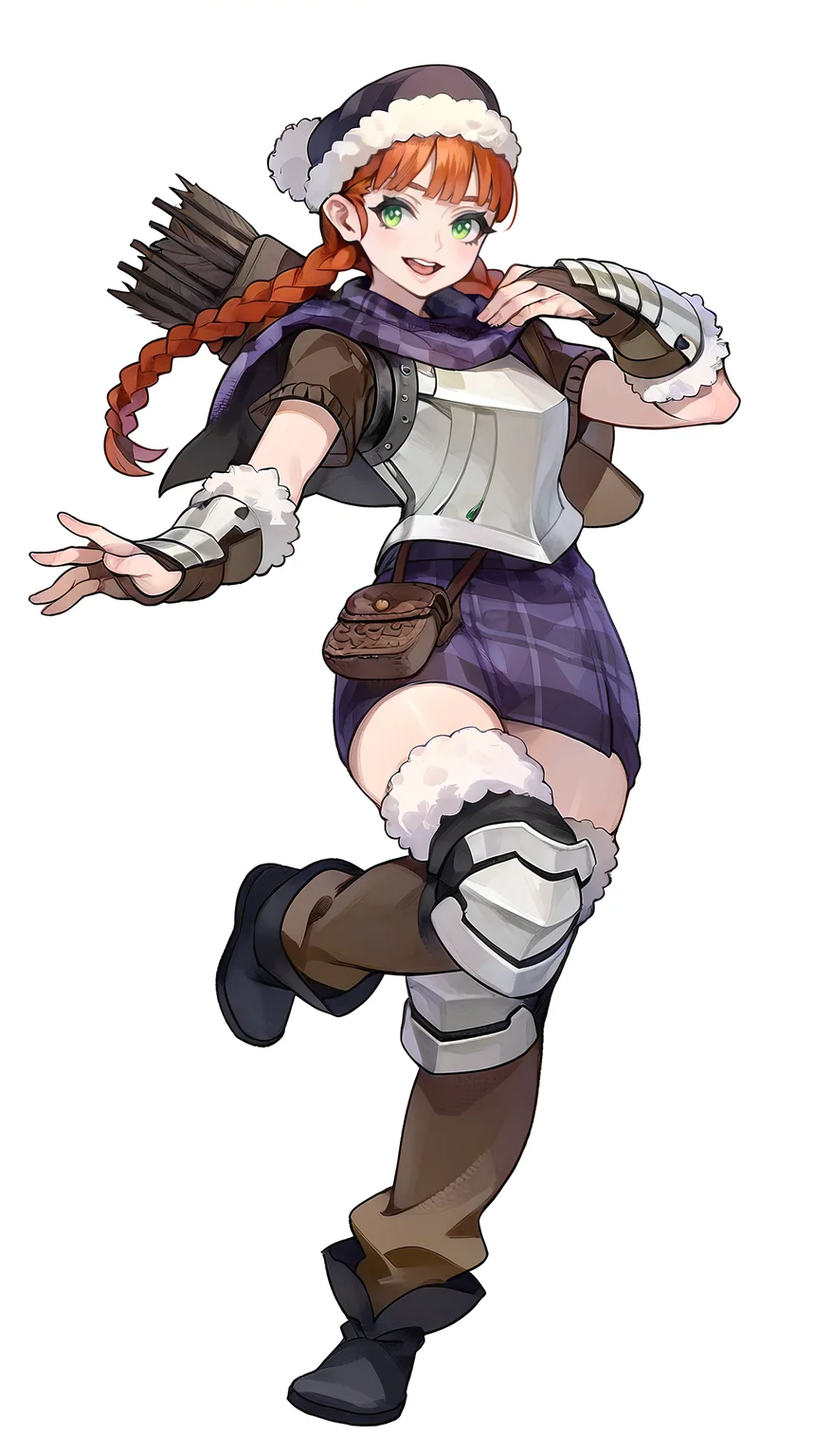 masterpiece,best quality,amazing quality,
<lora:yunifiiNAI:1>,yunifi,1girl,solo,orange hair,purple fur hat,bangs,twin braids,green eyes,purple plaid cape,brown sweater undershirt,breastplate,purple plaid skirt,brown pouch,vambraces,knee armor,legwear with fur,black boots,quiver on back,full body,looking at viewer,open smile,standing on one leg,white background,