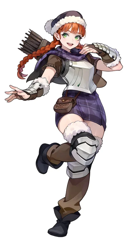 masterpiece,best quality,amazing quality,
<lora:yunifiiNAI:1>,yunifi,1girl,solo,orange hair,purple fur hat,bangs,twin braids,green eyes,purple plaid cape,brown sweater undershirt,breastplate,purple plaid skirt,brown pouch,vambraces,knee armor,legwear with fur,black boots,quiver on back,full body,looking at viewer,open smile,standing on one leg,white background,