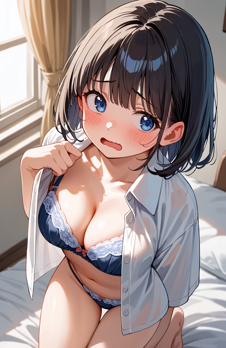 (score_9, score_8_up, ASCII score_9), (source_anime), (masterpiece best quality), (8K, UHD), (detailed embroidery), (sharp out line), (no nose), skin dentation, detailed backgrounds, cinematic scene, looking at viewer, :d, open mouth, embarrassed,
1gilrs, solo, dark hair, blue eyes, medium hair, thick thighs, open shirt, bra lift, panties, On bed, from above, blush, looking to the side, standing, embarrassed, shy, wavy mouth, on kneeling, window, curtains,