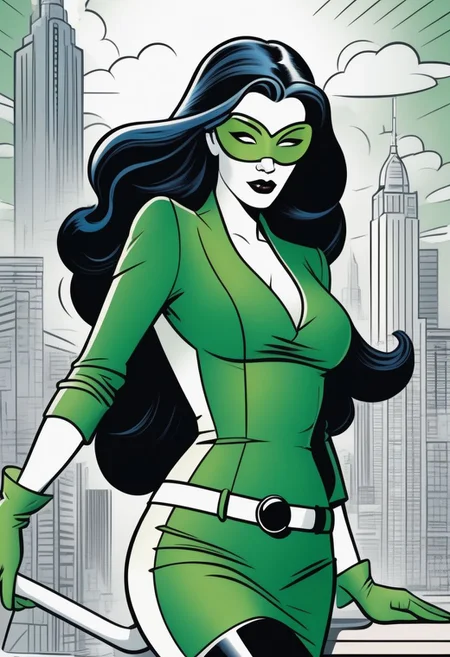 (masterpiece), high quality, 4k, Artist style: Bruce Timm, DCAU, DC comics, Western Comics,
BREAK, 1woman, Calendar Girl, (Page Monroe), long hair, black hair, skintight clothing, long-sleeved dress, green dress, green tights, petite, (white mask), (mask:1.6), (monochromatic outfit), gloves, (black eyes:1.5), (no eyes:1.4)