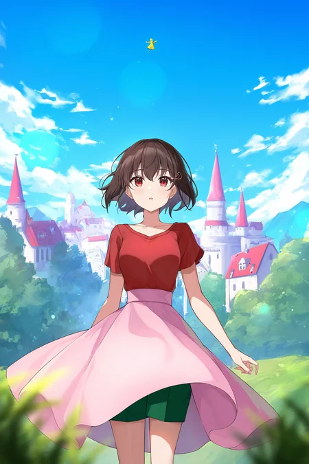 Clip L masterpiece, best quality, newest, absurdres, highres, safe, closeup of a cut anime girl, red shirt, green shorts, fairytale castle in the background, A paper doll in a pink dress standing on a hill.clip Gmasterpiece, best quality, newest, absurdres, highres, safe, closeup of a cut anime girl, red shirt, green shorts, fairytale castle in the background, A paper doll in a pink dress standing on a hill.