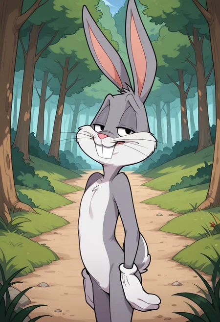 masterpiece, best quality, amazing quality,
forest setting, solo, 1boy,
(bugs bunny), black eyes, rabbit, grey fur, white fur, two tone fur, white bunny tail, rabbit ears,
smug, confident,
<lora:Furry_Anthro_Bugs_Bunny_Lora:0.8>