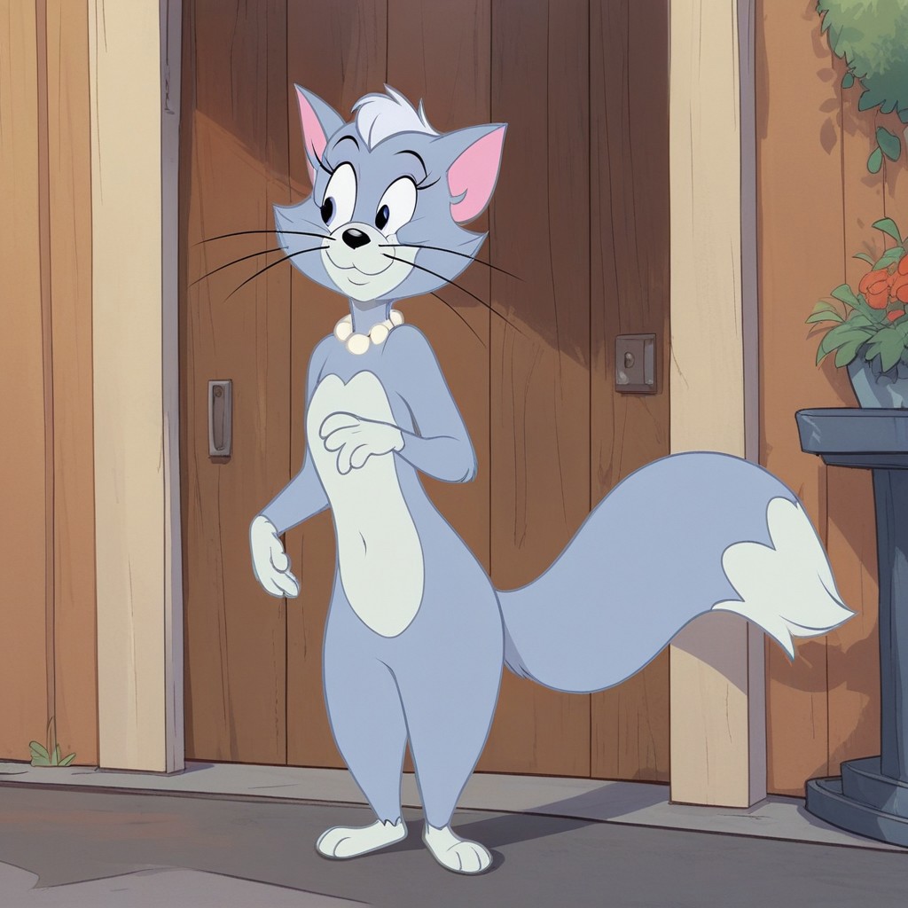 score_9, score_8, score_7, EdnaTJ, furry, pearl necklace, cat, solo, furry, cat, furry female, whiskers, standing, tail, white fur, two-tone fur, cat ears, full body, standing, smile