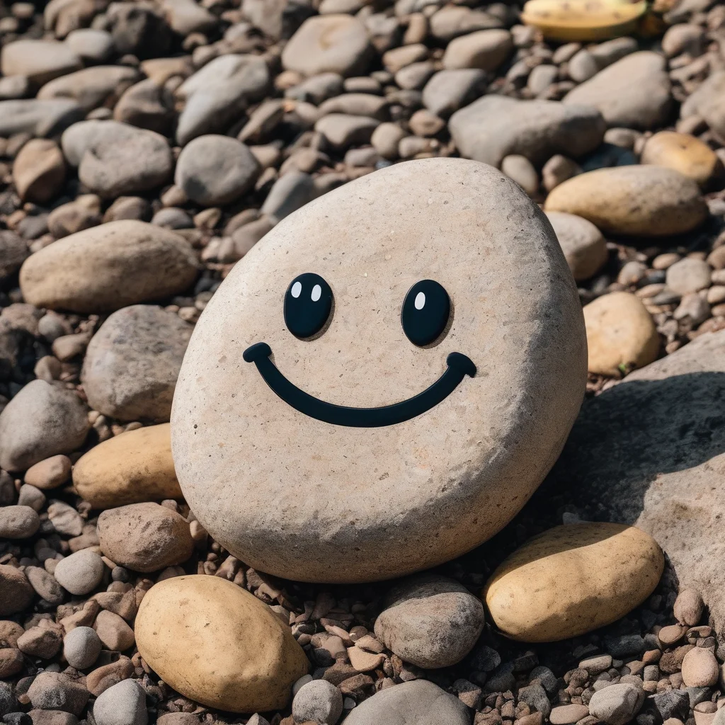 photo of a banana shaped rock with a :smile: face, google eyes, emoji Grinning Face