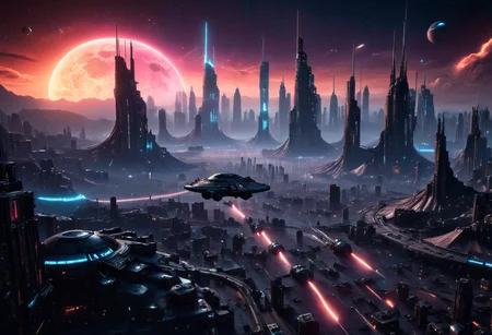 realistic, RAW photo, high quality, Stable_Yogis_PDXL_Positives, <lora:Cityscape_From_Above_Concept_Art_VW_Style:0.4> cyberpunk,high altitude photo of a huge <lora:Coruscant:0.0> Coruscant, <lora:ral-blacklight:0.9> ral-blacklight, <lora:Miniature_Space:0.0> Sp4c3 Sc3n3, planet, stars, nebulae, sky,<lora:ck-nc-cyberpunk-IL:1> in the style of cknc vast city with <lora:Tsunami_Background_SDXL:0.2>,parks,<lora:X-wing - XL:0.1> Xwing,,twilight sunrise at horizon, in , featuring <lora:cinematography digital film style xl v1:0.6> cinematography style,<lora:cyberpunk_xl_v1:0.6>