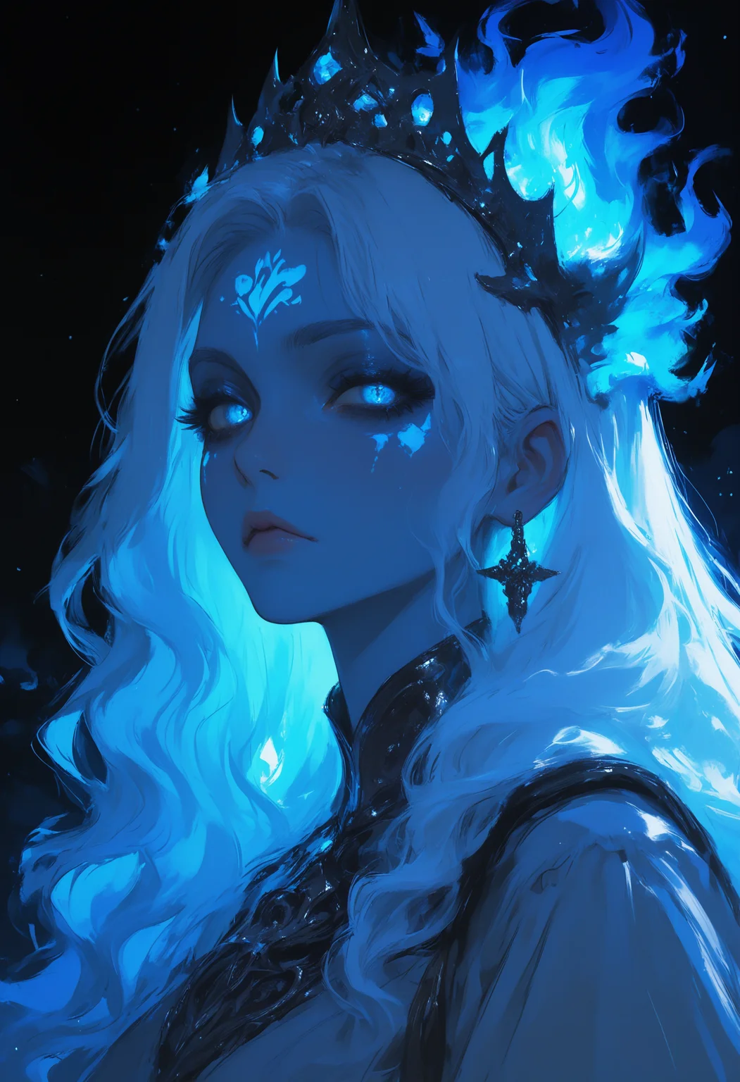 masterpiece, best quality, good quality, very awa, very aesthetic, absurdres, newest, 1girl, solo, long_hair, looking_at_viewer, blue_eyes, hair_ornament, dress, closed_mouth, jewelry, upper_body, yellow_eyes, white_hair, earrings, from_side, eyelashes, lips, makeup, depth_of_field, glowing, wavy_hair, facial_mark, portrait, fire, crown, tiara, light_particles, glowing_eyes, skull, blue_theme, facepaint, facial_tattoo, dark_background, blue_fire, mascara, diadem, fiery_hair