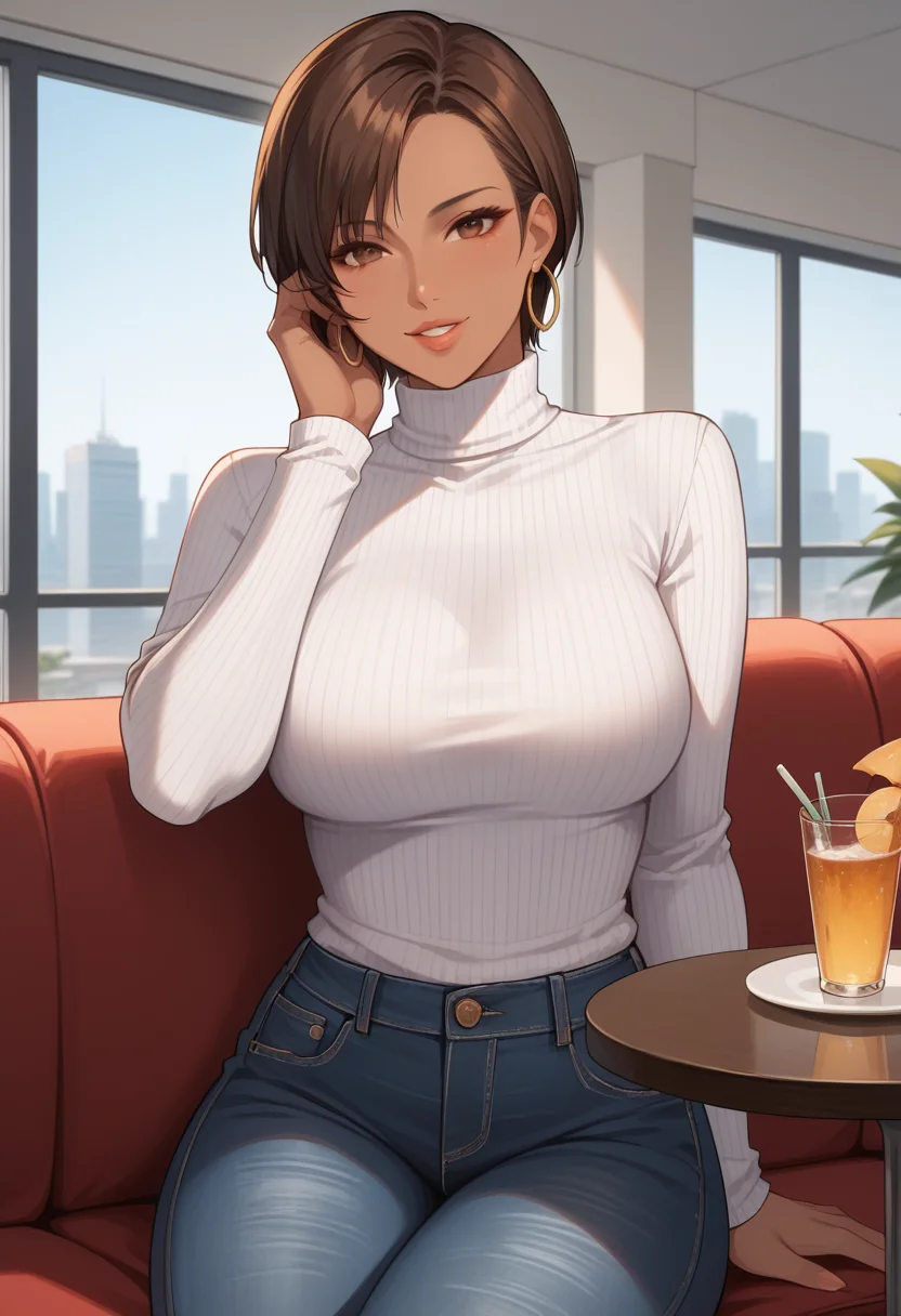 score_9, score_8_up, score_7_up, source_anime, BREAK, <lora:DOALisaHamilton:0.9>, DOALisaH, short hair, brown hair, hoop earrings, dark-skinned female, breasts, sitting, table, window, hand on own face, couch, white turtleneck, jeans, parted lips, looking at viewer, seductive smile,