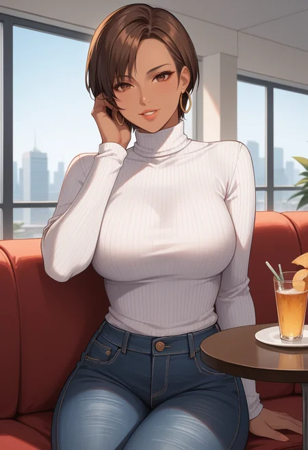 score_9, score_8_up, score_7_up,  source_anime,  BREAK,  <lora:DOALisaHamilton:0.9>, DOALisaH, short hair, brown hair, hoop earrings,  dark-skinned female,  breasts, sitting,  table, window, hand on own face, couch, white turtleneck, jeans, parted lips, looking at viewer, seductive smile,