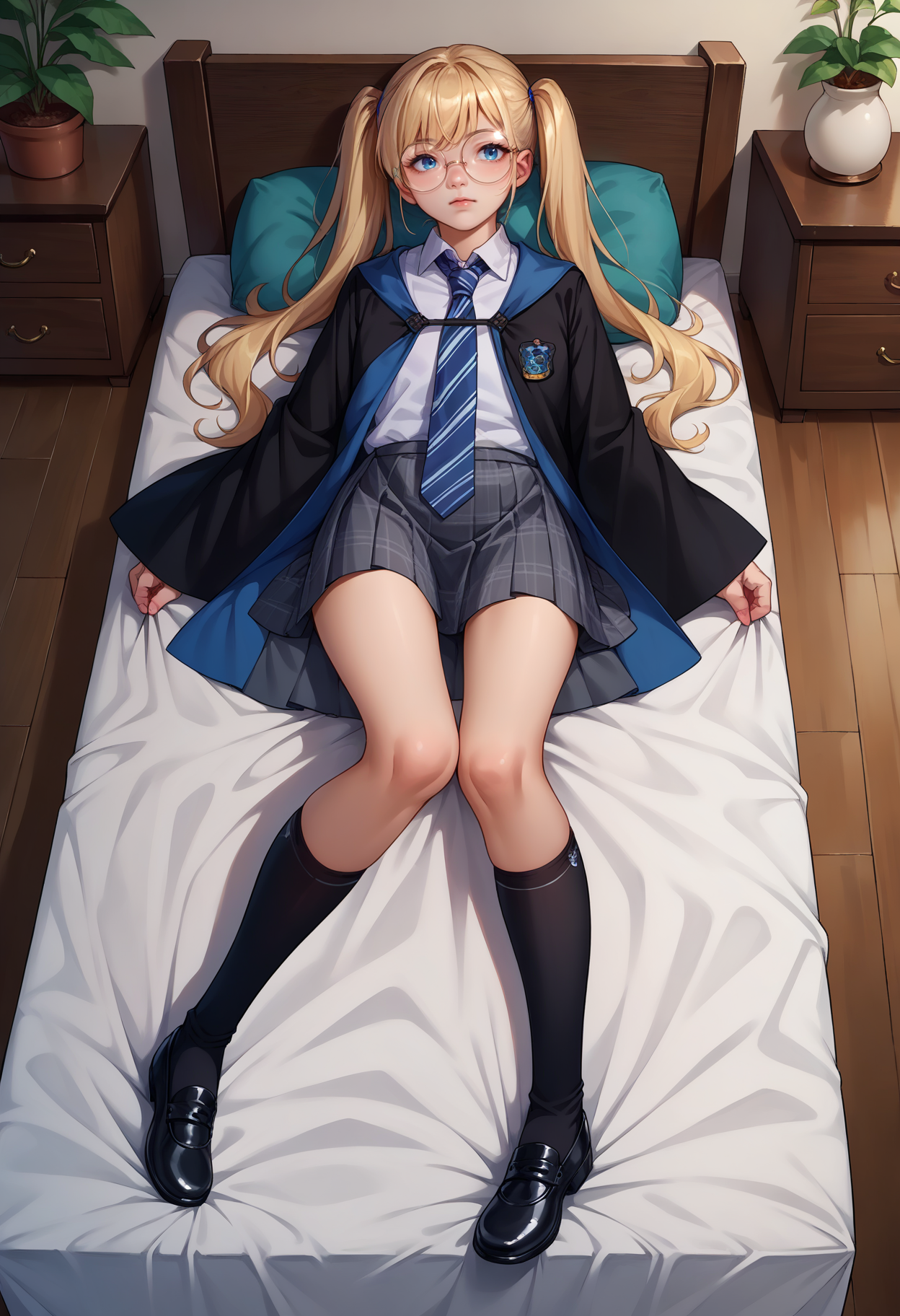 score_9, score_8_up,score_7_up, source_anime,1girl, solo,blue eyes, blonde hair, twin tails, long hair , <lora:EPRobeRavenclaw-10:1>, EPRobeRavenclaw, wearing EPRobeRavenclaw, collared shirt, white shirt, emblem, grey skirt, miniskirt, pleated skirt, plaid skirt, black robe, blue necktie, striped necktie, round eyewear, wide sleeves, long sleeves, black legwear, kneehighs, loafers, lying down, indoors