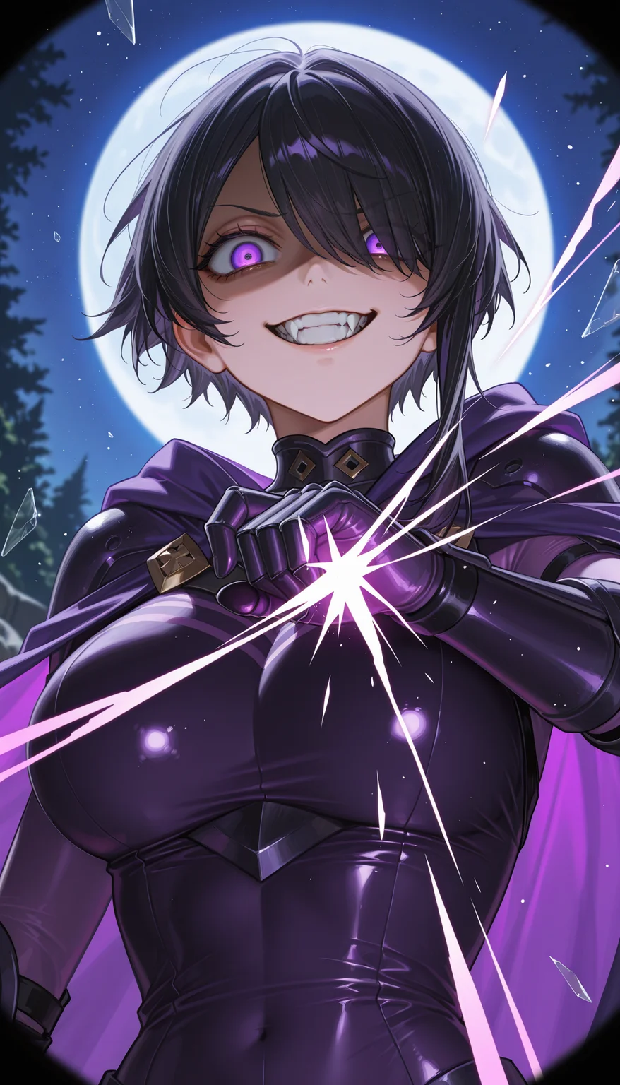 masterpiece, best quality, amazing quality, 4k, very aesthetic, high resolution, ultra-detailed, absurdres, newest, scenery, 1girl, v-shaped eyebrows, (shaded face:1.2), smug, (evil grin:1.2), crazy smile, fangs, teeth, wide-eyed, large breasts, short black hair with sideswept bangs, purple eyes, empty eyes, crazy eyes, eye trail, hair over one eye, detailed purple obsidian bodysuit, glowing purple cape, armored detailed purple gauntlets, overgrown stone temple, purple night sky with moon, fine fabric emphasis, dutch angle, from below, fighting stance, projectile glass shards, broken glass, (face focus:1.2), close-up, portrait, upper body, looking at viewer, (motion lines, attack trail:1.3), (fisheye, wide shot:1.2), BREAK, eyes, hands, fingers, detailed eyes, depth of field, volumetric lighting