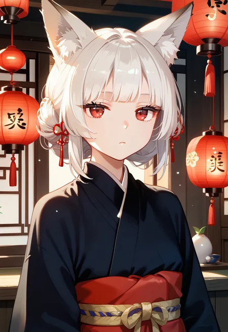score_9, score_8_up, score_7_up, score_6_up , (masterpiece, best quality:1.4), 
high detailed background,(fox-girl:1.5), (white-hair:1.6), (red-eyes:1.6), (hanfu:1.5), (anime-style:1.5), (expressionless:1.6), (cold-stare:1.5), (fox-ears:1.4), petite, long-sleeves, (flowing-hanfu:1.4), (minimal-expression:1.5), hair-ornaments, soft-color-palette, traditional-chinese-patterns, (dim-lighting:1.2), ancient-chinese-room, lanterns, sliding-doors, cinematic, digital-illustration