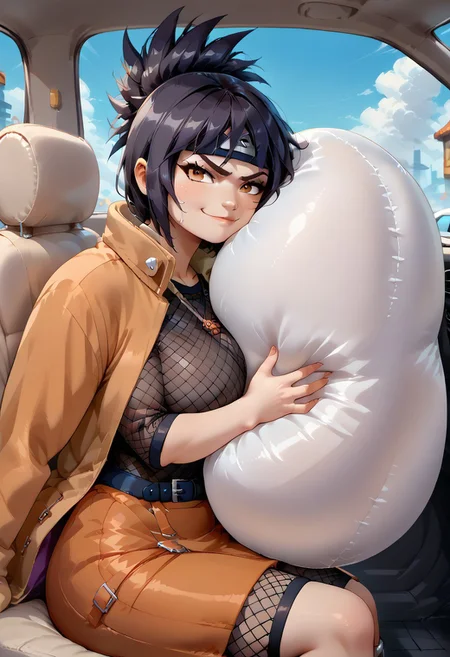 score_9, score_8_up, score_7_up, score_6_up, source_anime, 1girl, solo, <lora:anko-pdxl-nvwls-v1-000006:1> mitanko, folded ponytail, black hair, forehead protector, necklace, mesh bodysuit, belt, orange skirt, coat, huge breasts, blue sky, toeless footwear, smug, sitting, car interior, airbag, airbagcrash, inflated airbag, hugging airbag, pressing breasts