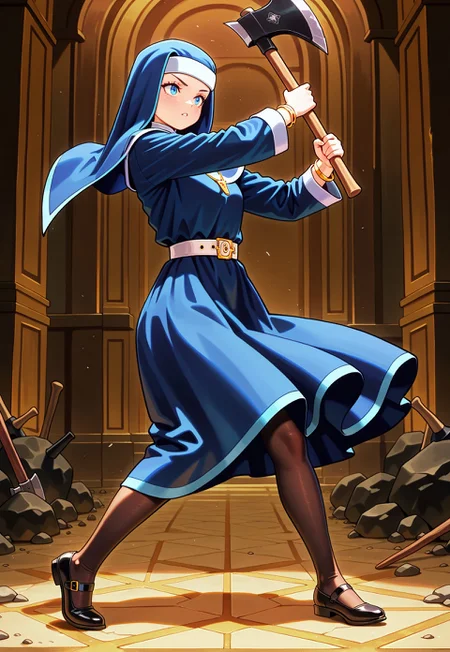 masterpiece, best quality, amazing quality, very aesthetic, absurdres, newest, fayeffl3, 1girl, blue habit, long blue dress, gold necklace, gold bracelets, blue eyes, white belt, black pump shoes, pantyhose, standing, full body, action pose, axe, holding axe,