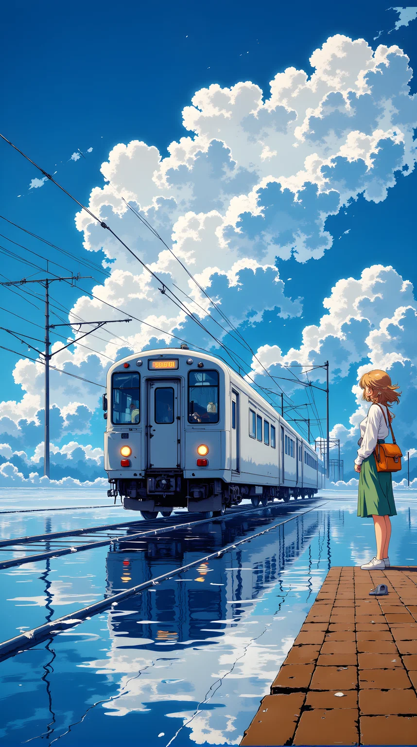 Beautifully detailed and serene illustration of a person standing on a train platform, watching a train approach. The individual has long, light brown hair that falls over their shoulders, adding to the overall sense of movement and texture. They are wearing a white top and a green skirt, which creates a sense of casual elegance.
The train is depicted in a realistic style, with its headlights on and its wheels visible on the tracks. The reflection of the train and the person can be seen in the water below, creating a sense of depth and symmetry. The sky above is filled with large, fluffy clouds, adding to the peaceful and tranquil atmosphere.
Overall, this illustration captures a moment of quiet beauty and anticipation, with the combination of the person's attire, the soft lighting, and the detailed rendering creating a visually engaging and emotionally resonant scene. The use of color and composition adds depth and character to the artwork, making it a powerful and evocative piece.
j_art, anime, anime art, <lora:FLUX\jul\J_Anime:1.0>, <lora:FLUX\Anime Art V3:0.1>, <lora:FLUX\RM_Artistify_v1.0M:0.1>, <lora:FLUX\RetroAnimeS1.1:0.1>