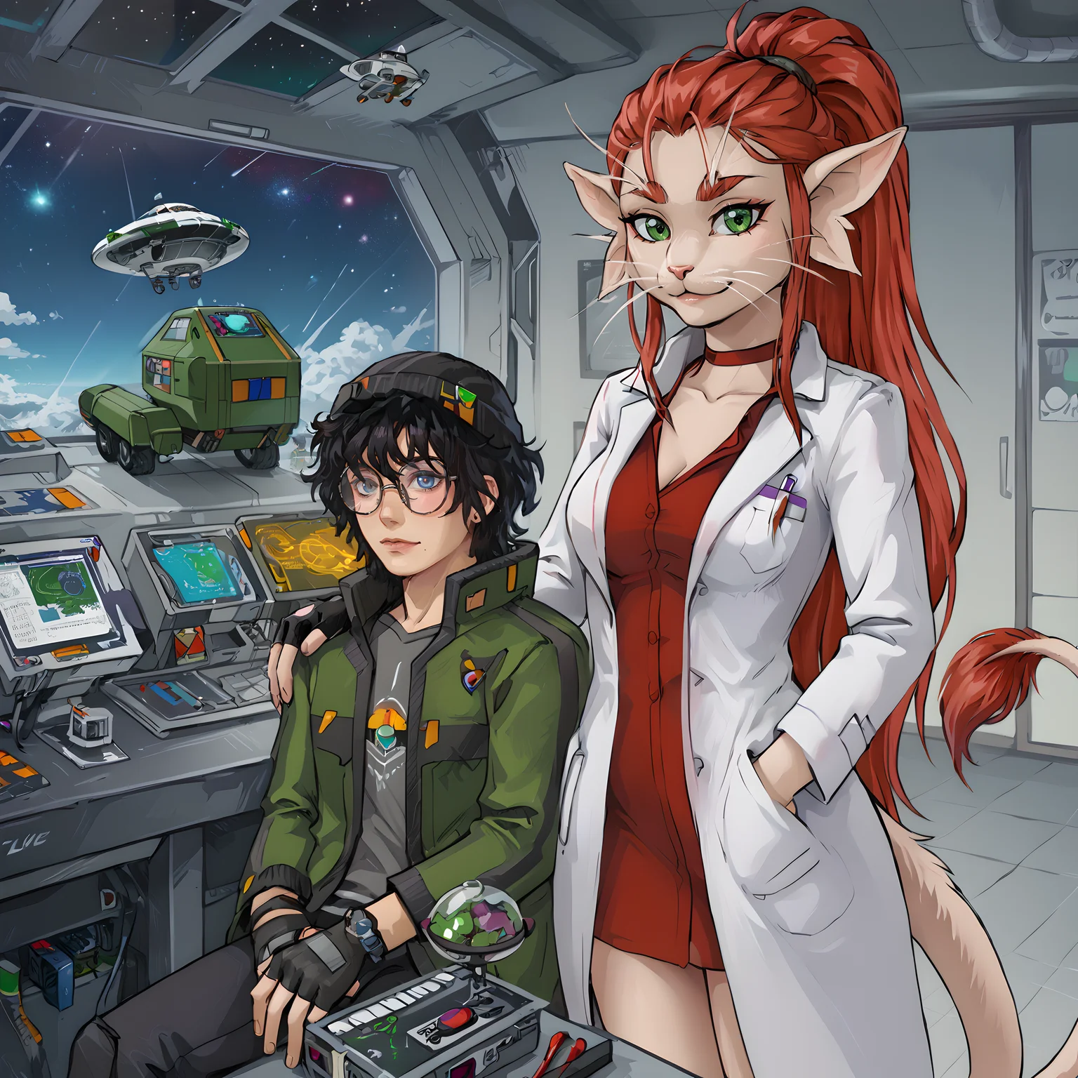 indoors, space ship, sci-fi, futuristic,
dr_kel, 1boy, glasses, black hair, jacket, round eyewear, green jacket, shirt, beanie, pants, fingerless gloves, messy hair, <lora:Dr._Kel_Voices_of_the_Void:0.7>
level_9, level_8_up, level_7_up, source_anime, masterpiece 
akaburstyle, <lora:AkaburStyleV2_PDXL:0.3>  
BREAK
ariral, feline humanoid, whiskers, female, green eyes, long hair, 1girl, red hair, smile, tail, ponytail, :3, choker, humanoid, anthro, mammal, tail tuft, fur, lab coat, <lora:ariral xl 1024 v1.1 rank128 pony:0.9>