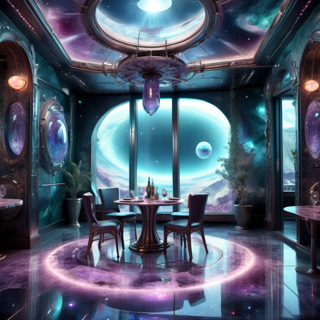 ((best quality)), ((masterpiece)), ((realistic,digital art)), (hyper detailed),DonMC3l3st14l3xpl0r3rsXL  Restaurant Dining Area, Shower Curtain, Onyx stone and Cork Flooring, Moonlight, Accent Lighting, tech, scifi, futuristic , 8K, HDR,  <lora:DonMC3l3st14l3xpl0r3rsXL-000007:1>