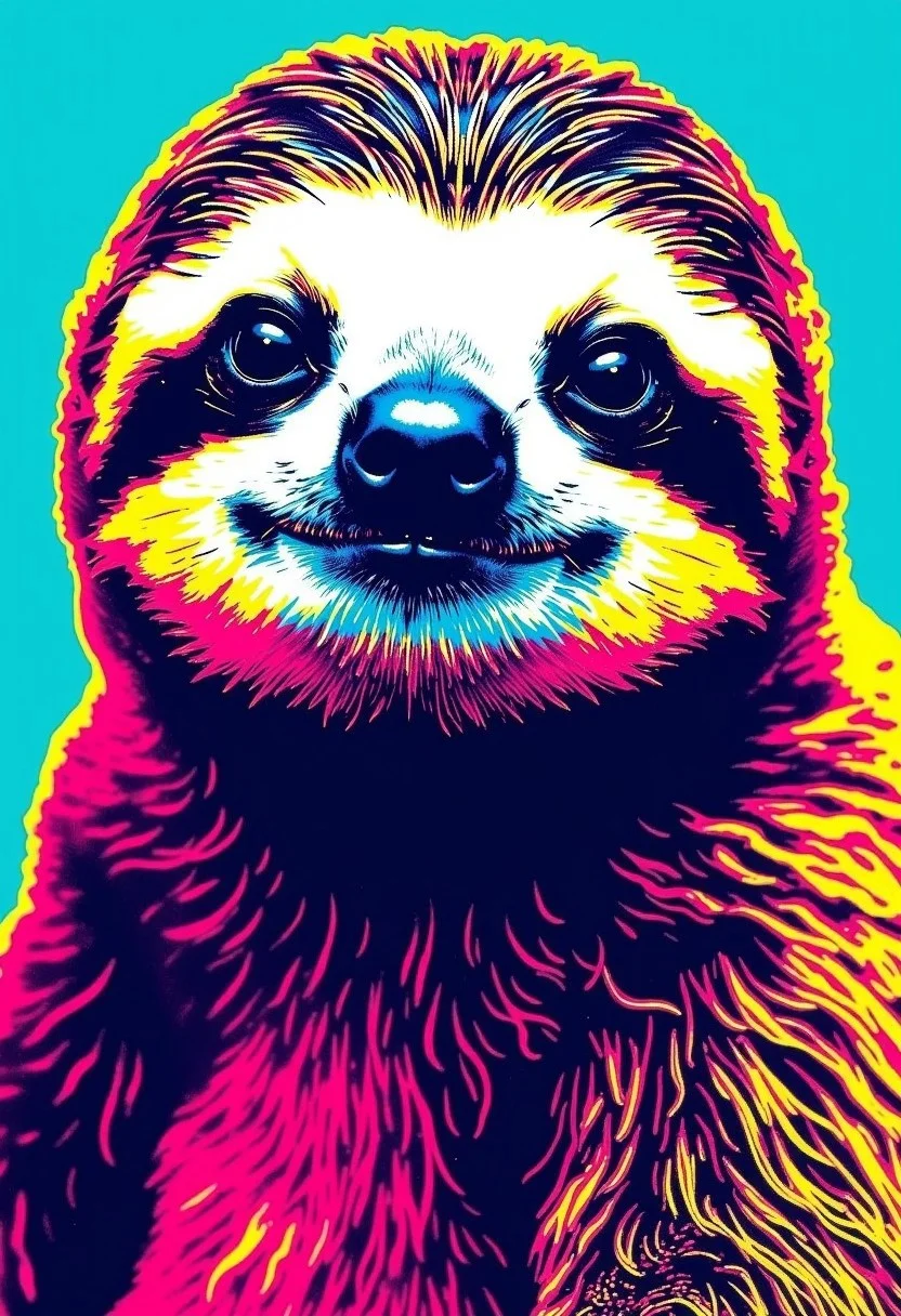A pop art image of the happiest little sloth you've ever seen in the style of Andy Warhol