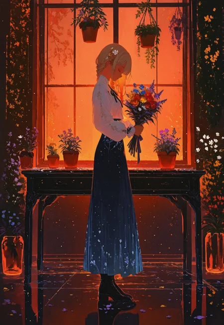 masterpiece, best quality, good quality, very awa, newest, highres, absurdres, 1girl, solo, long hair, shirt, skirt, blonde hair, long sleeves, hair ornament, holding, ribbon, closed mouth, standing, white shirt, full body, closed eyes, braid, flower, indoors, hair flower, black footwear, from side, blue skirt, petals, window, profile, leaf, looking down, table, white flower, sunlight, plant, red flower, scenery, puffy long sleeves, light particles, blue flower, long skirt, yellow flower, purple flower, bouquet, potted plant, vase, evening, orange flower, flower pot, orange theme, reflective floor, hanging plant, limited palette, h4ra_illu,in the style of Jeda,vibrant colors,