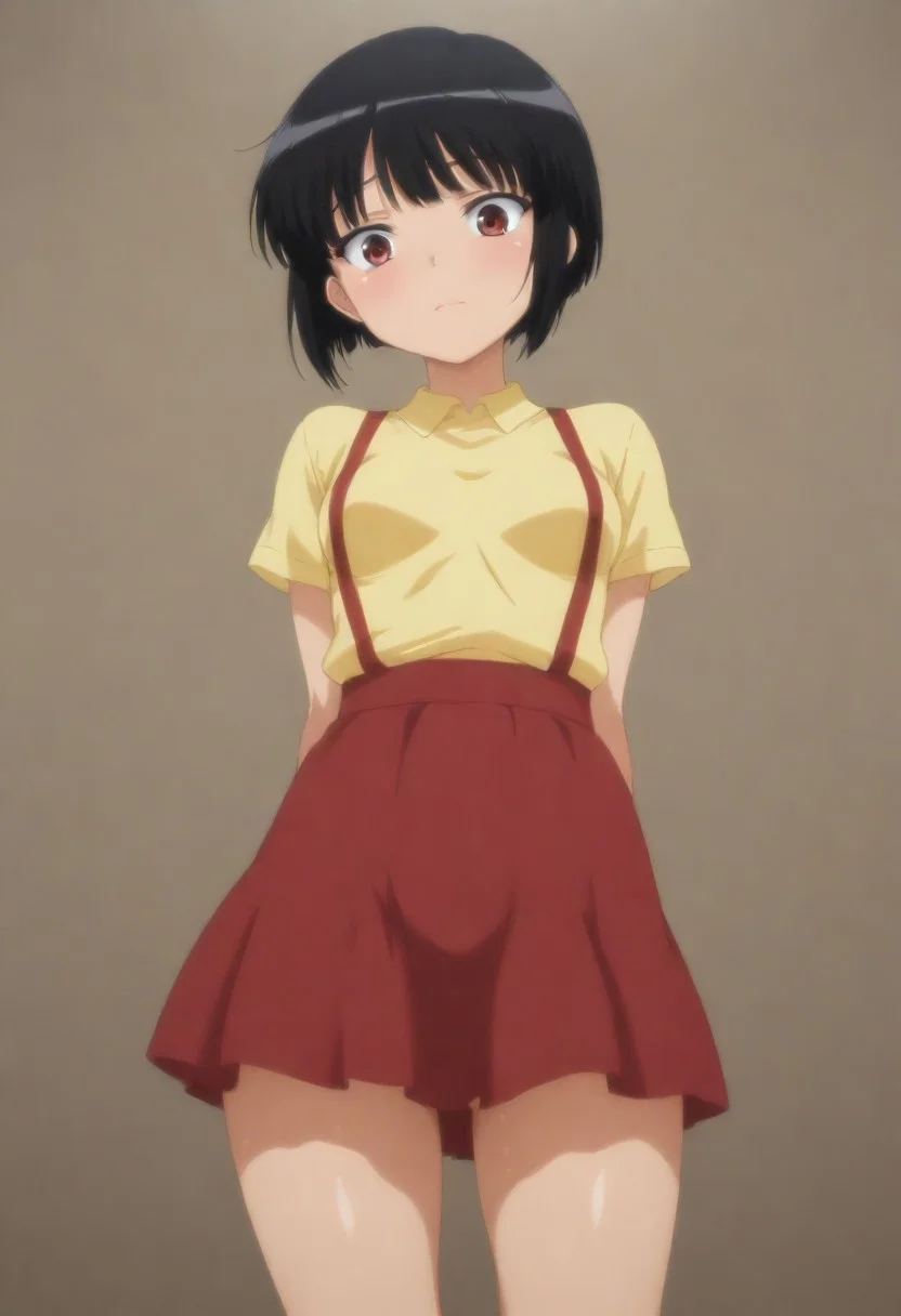masterpiece, best quality, amazing quality, 1girl, solo,,, shiny skin,,,,,Toire no Hanako-san no Sakurako-san,black_hair, short_hair, small breasts, short body,yellow shirt,suspenders, red skirt,