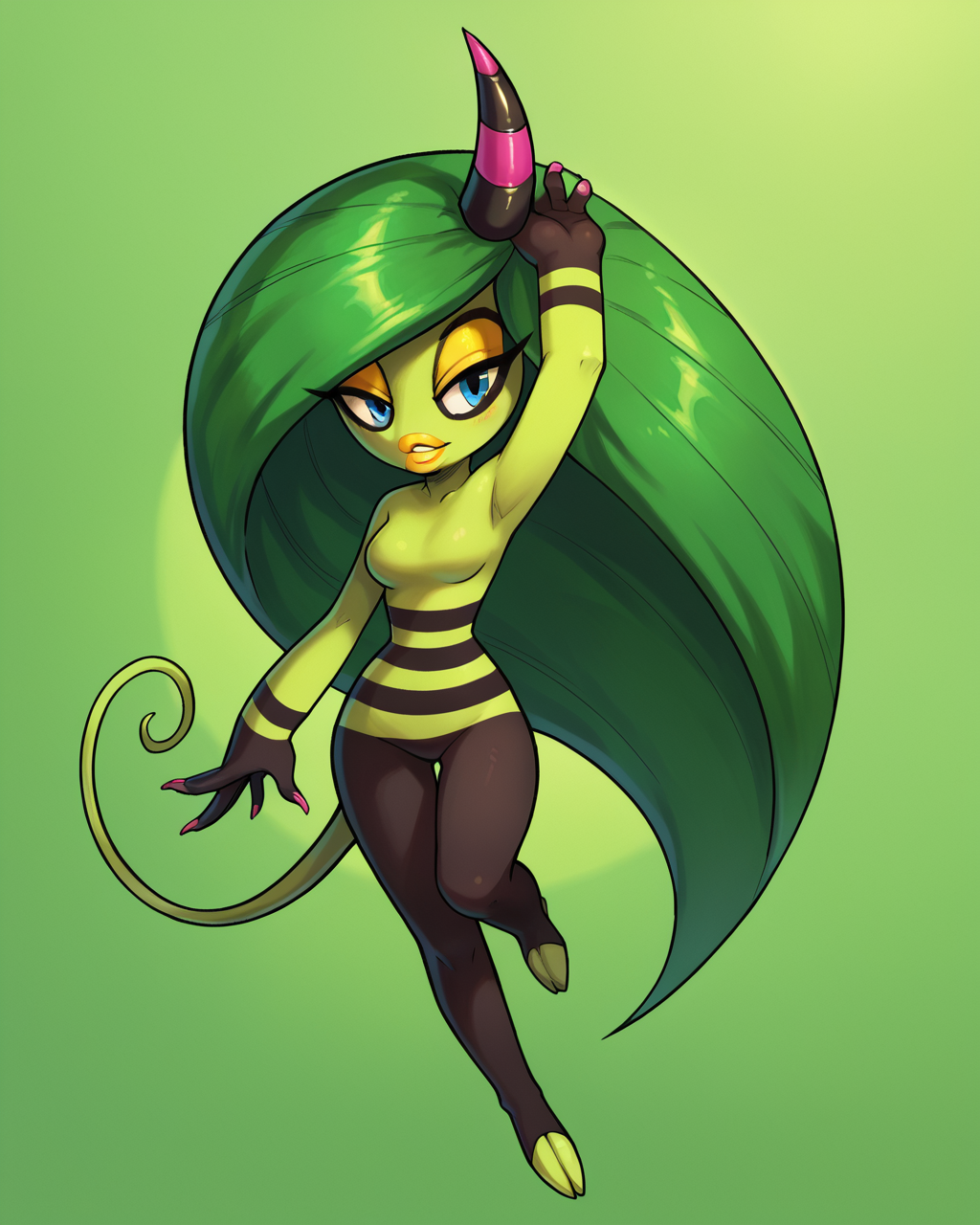score_9, score_8_up, score_7_up, solo, 1girl, Zeena, horn, long hair, green skin, green hair, blue eyes, yellow lips, makeup, tail, full body, arm raised, moving hair back, BREAK, dynamic angle, detailed background, indoors, <lora:Zeena_-_Sonic_Lost_World_Character_PonyDiffusionXL:1>