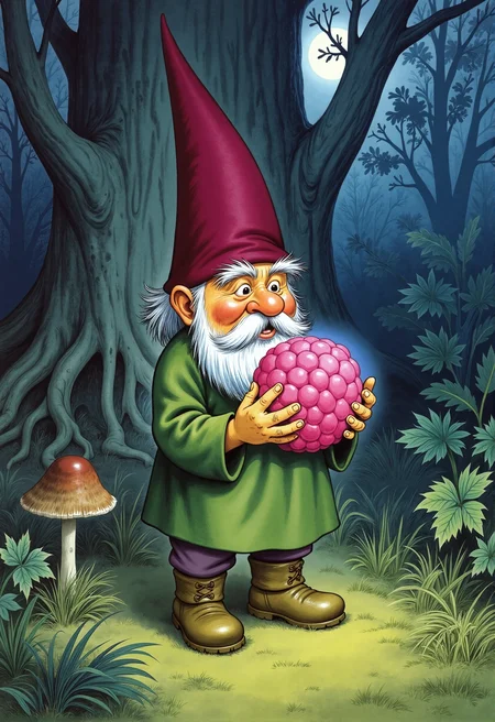 Old book illustration style, in color, a gnome in a moonlit forest at night, standing on a bed of moss beside the base of an ancient tree. He is short and broad, with a round nose, a thick white beard, a moss-green tunic, and a tall pointed hat in deep burgundy. In both arms, he cradles a giant raspberry nearly the size of his torso. The raspberry is translucent, each drupelet glowing softly with an inner blue light, illuminating the gnomeâs face and casting a cool glow onto the surrounding leaves and tree bark. The forest is painted in deep shadowy greens and blues, with twisted roots, ferns, and clusters of mushrooms, while pale moonlight filters through the dense canopy above. The illustration features delicate brushwork and rich textures, with muted, natural colors enhanced by the eerie glow of the raspberry, evoking a whimsical and slightly mysterious atmosphere. <lora:oldillustration_V1.1:0.7>