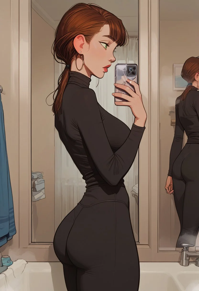 masterpiece,best quality, highly detailed, score_9, score_8_up, score_7_up, score_6_up,source_anime,
BREAK, datmom, dark green eyes, curtain bangs, 35 year old, mature woman, slim thick, thick thighs, round ass, slim, medium large breasts, sagging breasts, yoga pants, , phone, selfie, mirror, solo, pov, side view, profile view, steam, bathroom,
